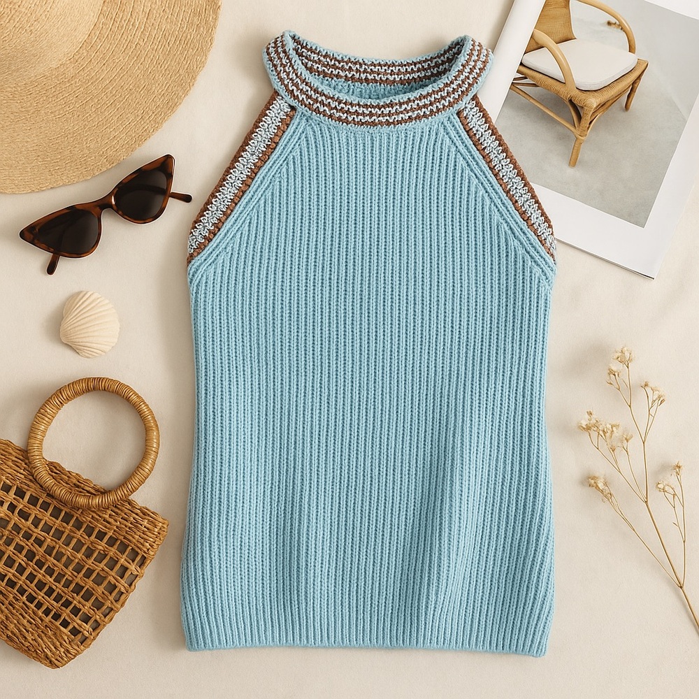 Madewell blue knit crochet halter top with open shoulders in size medium